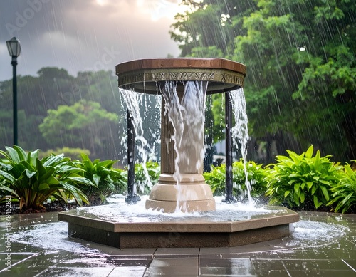 Water cascades from an ornate fountain in a rainy, green park