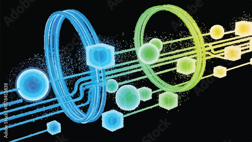 A digital artwork of interconnected circuits and particles