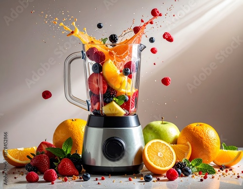 Fruit-filled blender explodes into vibrant juice, healthy eating concept