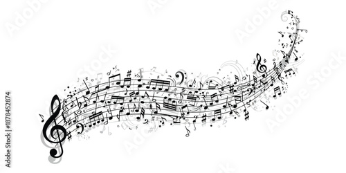 Vibrant musical clef with colorful splashes, notes, and drum, representing the dynamic energy of music and sound creation