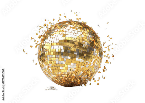 A shimmering gold disco ball explodes into glittery fragments against a dark background