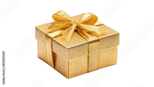 Elegant golden gift box with a satin ribbon and bow on a transparent background