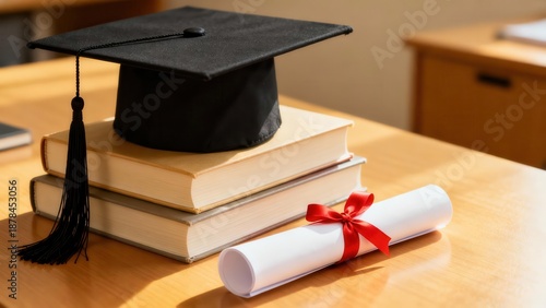 Black mortarboard graduation cap resting on a stack of two thick textbooks and a rolled white diploma tied with a bright red ribbon on a brown wooden desk.