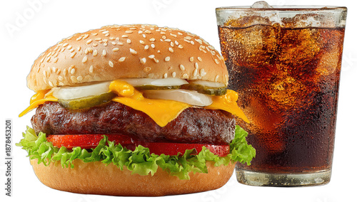 Juicy burger with melted cheese, pickles, lettuce, tomato, and a cola drink