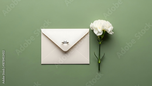 Elegant flat lay of a white envelope with a silver ring and a single white carnation flower on a muted green background, symbolizing an engagement or special announcement.