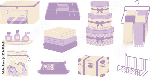 Bedroom linen closet organization symbols flat vector pack with under-bed storage bag jewelry tray hat boxes scarf hanger perfume tray folded blankets mesh laundry bag valet tray storage trunk 