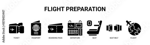 Flight Preparation web banner icon vector illustration concept for pre-flight passenger process with icon of ticket, passport, boarding pass, departure, seat, seat belt, flight.