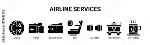 Airline Services web banner icon vector illustration concept for airline passenger services with icon of airline, ticket, boarding pass, seat, seat belt, food trolley, coffee mug.