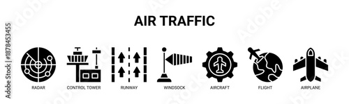 Air Traffic web banner icon vector illustration concept for air traffic control with icon of radar, control tower, runway, windsock, aircraft, flight, airplane.