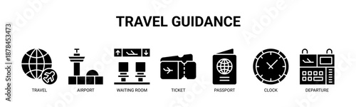 Travel Guidance web banner icon vector illustration concept for airport travel guidance with icon of travel, airport, waiting room, ticket, passport, clock, departure.