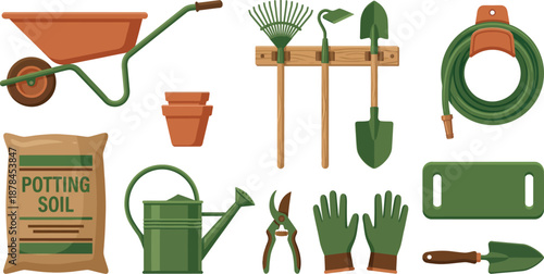 Outdoor garden shed organization tools flat vector pack with wheelbarrow wall tool rack coiled hose ceramic pots potting soil bag metal watering can pruning shears gardening gloves kneeling pad