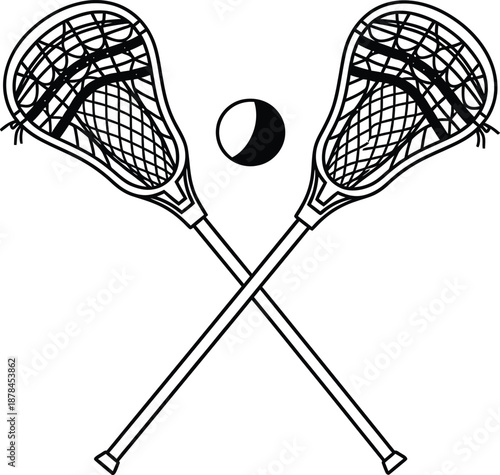 Crossed Lacrosse Sticks and Ball Vector Outline Illustration for Sporting Events and Team Activities