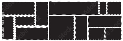 Blank Postage Stamp Frame Set. Collection of empty postage stamp frames with perforated edges, black outlines on white, ideal for mockups, templates, and vintage design concepts.
