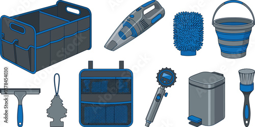 Car interior organization cleaning elements flat vector pack with trunk organizer cordless vacuum wash mitt collapsible bucket window squeegee air freshener seatback pocket tire gauge trash bin