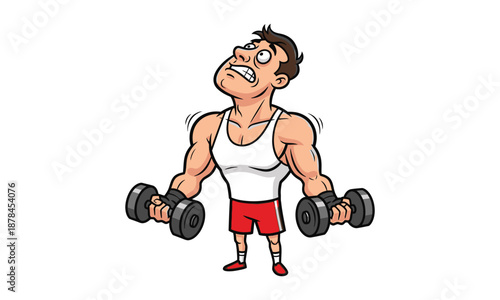 Cartoon man struggling to lift heavy dumbbells while exercising arms