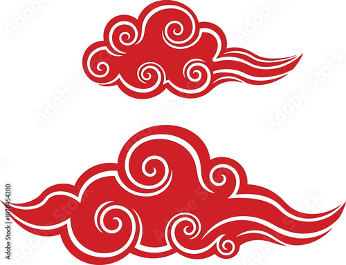 Stylized Red Oriental Clouds Vector Illustration Set, Traditional Asian Decorative Element Design for Cultural Projects, Graphic Resources and Digital Art