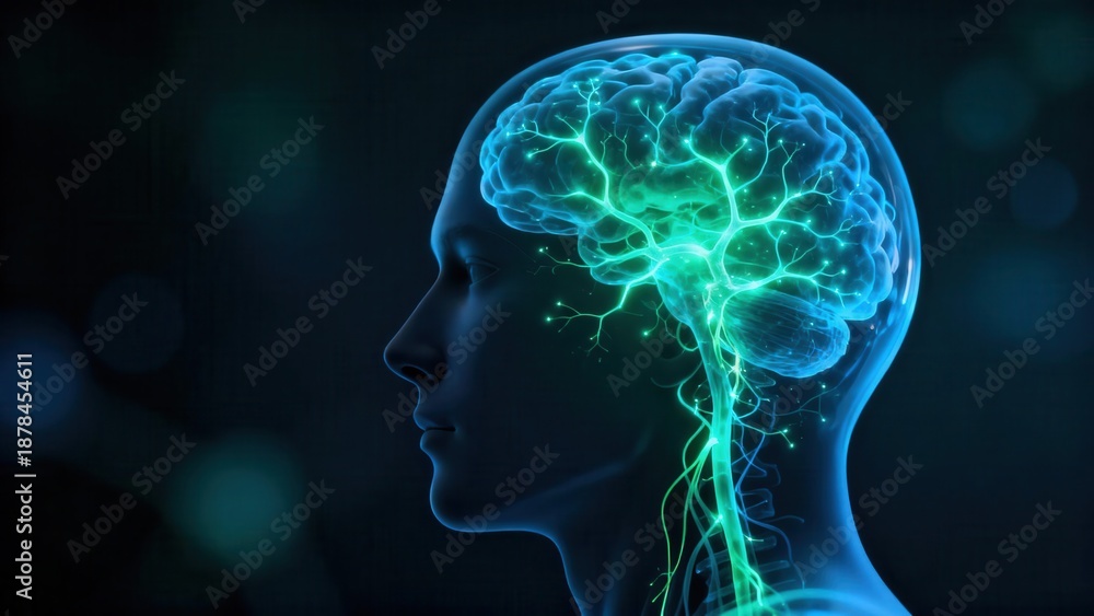 Obraz premium Visualization of glowing neon green neural pathways inside a translucent blue human head profile on a black background.