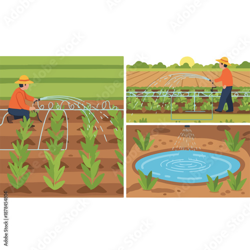 A farmer waters plants in a field