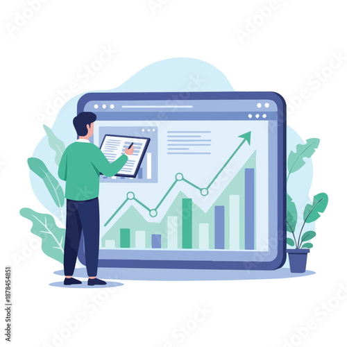 Man analyzing business graph on large computer screen with green plants nearby