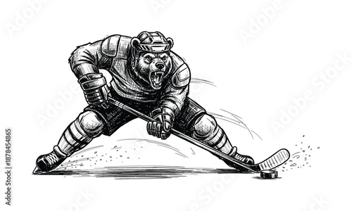 Hockey bear in protective gear with stick and puck aggressive animal player