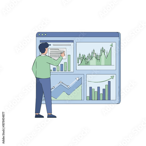 Man analyzing various business graphs and charts on a large digital screen with different statistical data visualizations