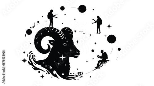 Silhouette of ram constellation with tiny figures exploring cosmic wonders
