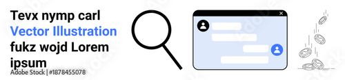 Digital communication, online search, finance management, user interaction, technology, data exploration. A chat window, magnifying glass and falling coins. Digital communication and online search
