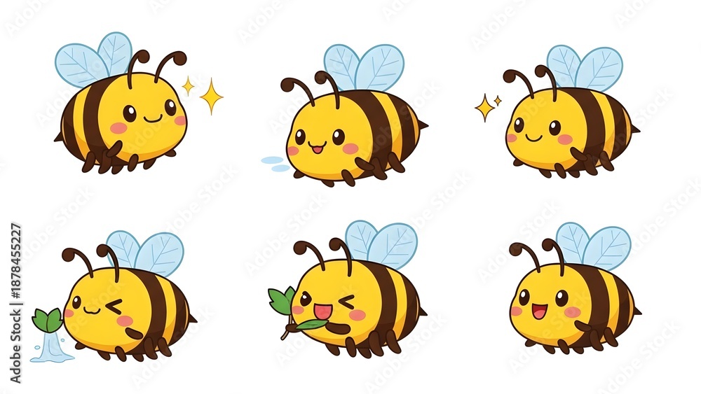 Fototapeta premium Collection of six cartoon bees with various expressions and emojis on a white background. kawaii animals