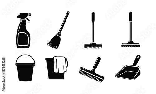 Set of eight cleaning equipment icons for housekeeping service vector