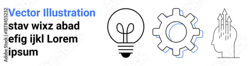 Creativity, business strategy, innovation, teamwork, idea generation, technology. Light bulb, gear and human head with arrows in modern minimalist style. Creativity and business strategy concept