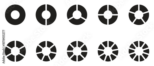 Pie chart black icon set. Circle section graph. Infographic wheel segment. Segmented Round diagram. Divided circle on 1 2 3 4 5 6 7 8 9 10 parts. Simple minimal Pie chart silhouette. Vector EPS 10