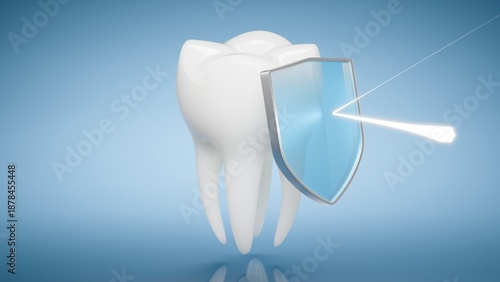 Konstfotografi 3D illustration of a tooth protected by a transparent shield on blue background,
