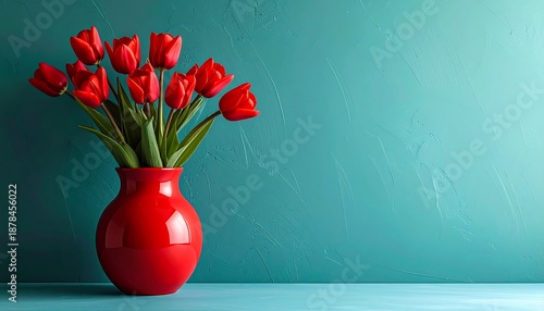 A beautiful spring arrangement of fresh red and pink tulip blossoms with green leaves in a glass vase makes a vibrant floral gift and elegant nature bouquet