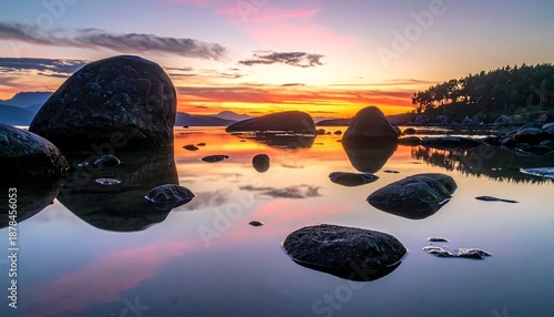 A serene nature landscape features a sunset over the river sea and lake as the sun dips below the horizon reflecting evening clouds and twilight colors across the water and shore
