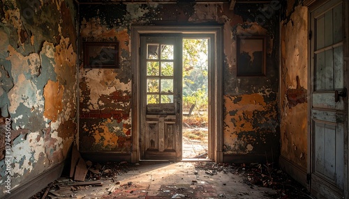 An empty interior of a dark abandoned factory shows a vintage brick wall and dirty stone architecture inside an ancient ruined industrial house with grunge doors and sunlight through a window
