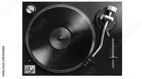 Black vinyl record player turntable with silver tone arm on transparent background