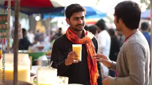 Man drinking mango lassi at a street stall.