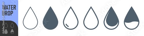 Water drop icon set in outline and solid styles, clean minimal shapes for fluid, rain, weather, and liquid UI design. Color icon set