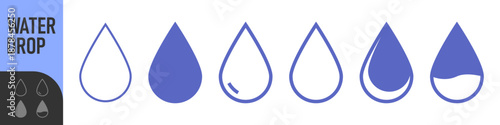 Water drop icon set in outline and solid styles, clean minimal shapes for fluid, rain, weather, and liquid UI design. Color icon set
