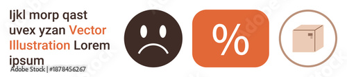 Emotional responses, discounts, delivery services, e-commerce, customer feedback, shopping. A sad face, a percentage icon in orange and a parcel icon. Emotional responses and discounts concept