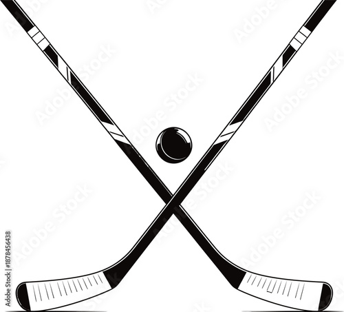 Crossed Hockey Sticks and Puck Isolated on White Background, Sports Equipment Graphic