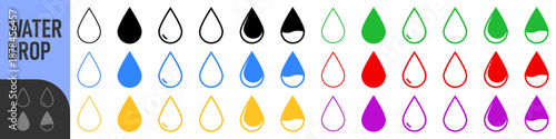 Water drop icon set in outline and solid styles, clean minimal shapes for fluid, rain, weather, and liquid UI design. Color icon set