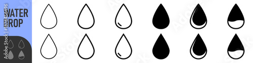 Water drop icon set in outline and solid styles, clean minimal shapes for fluid, rain, weather, and liquid UI design. Color icon set