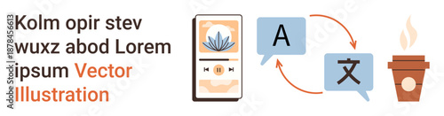 Language learning, translation tools, mobile apps, global travel, communication, digital devices. Smartphone and speech bubbles with translation icons. Language learning and translation tools concept