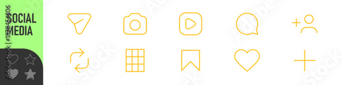 Color line icon set featuring social media symbols including home, search, user, heart, settings, and add symbols. social media notification icons ; like, comment, repost, share, save, UI icons