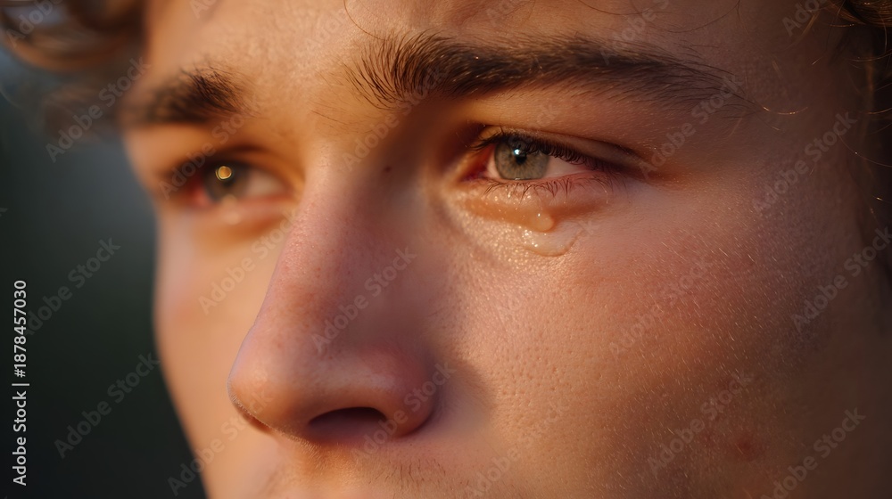 Fototapeta premium Close up of a young person s expressive green eye with a single tear tracing down their cheek illuminated by warm golden hour light