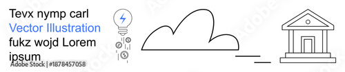 Technology, cloud storage, data transfer, finance, connection, innovation. Simplistic ion of a cloud, data icons and a building. Cloud storage and data transfer concept