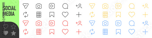 Color line icon set featuring social media symbols including home, search, user, heart, settings, and add symbols. social media notification icons ; like, comment, repost, share, save, UI icons