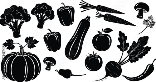 Fresh vegetables and healthy food silhouettes set, organic garden produce icons including pumpkin, broccoli, and carrots for kitchen design vector illustration elements,
