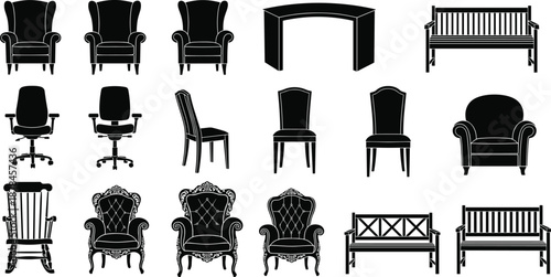 Furniture silhouettes set featuring armchairs, office chairs, benches, and rocking chairs, interior decor vector icons for home and office design project elements,